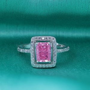 2.30 Carat Radiant Cut Pink Sapphire Diamond Ring/ light Pink Lab Created Diamond/ Halo Pave Engagement Proposal Ring/ Anniversary Gift Ring