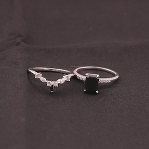 Emerald Cut Black Onyx Ring, Black Diamond Half Eternity Ring, Curved Stacking Matching Band Sterling Silver Rings, Birthstone for September