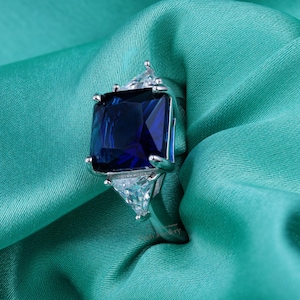 Best Ring Stores near me, Sapphire Blue Stone Ring, Radiant Square Cut with Trillion Side Stone, Sterling Silver Statement Anniversary Rings