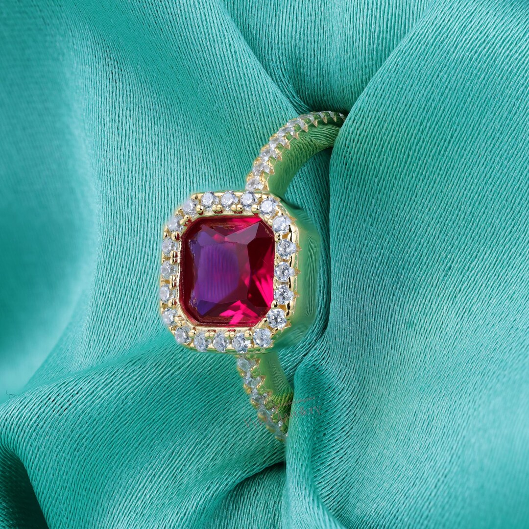 Ruby Halo Engagement Ring/ Asscher Cut Moissanite Ring/ Ruby Promise ...