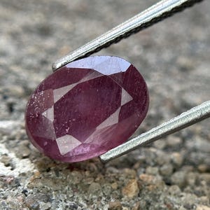 May include: An oval-cut, deep reddish-purple gemstone held by metal tweezers. The stone features a faceted surface that reflects light, showcasing a translucent quality with visible internal inclusions and a polished, smooth appearance.