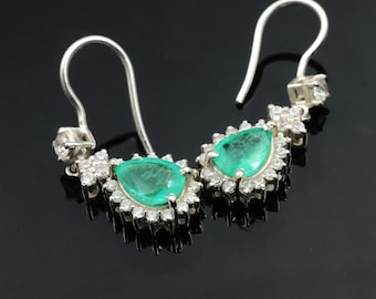 Emerald Drop Earrings: Sterling Silver Pear Cut Dangle with CZ Halo