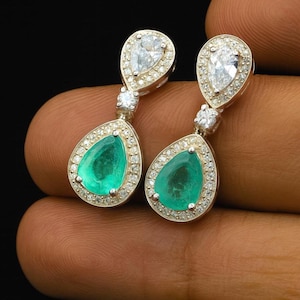 Natural Emerald Drop Dangle Earrings | 925 Sterling Silver Pear Cut with CZ Halo | Elegant May Birthstone Jewelry | Gemstone Gift
