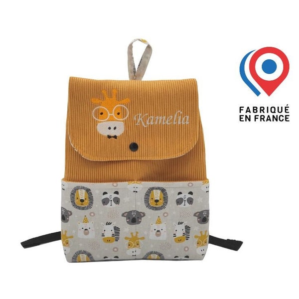 Sac à dos enfant brodé personnalisable en velours, bretelles réglables, prénom brodé avec ou sans motif zèbre ou girafe