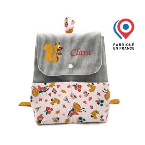 Sac à dos enfant brodé personnalisable en velours gris, bretelles réglables, prénom brodé avec ou sans motif écureuil