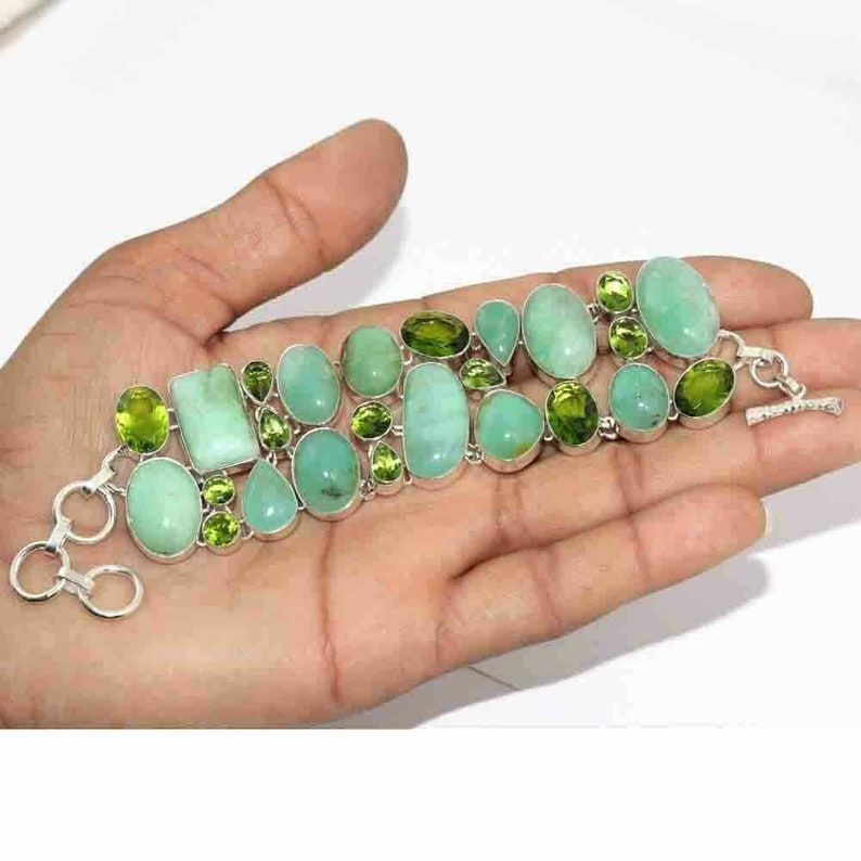 Natural Chrysoprase Peridot Handmade 925 silver plated Cluster bracelet Y0113