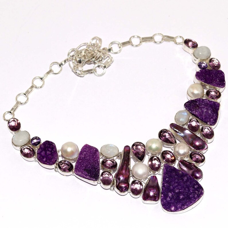 Natural Sparkling Titanium Druzy Amethyst Moonstone Pearl Handmade 925 silver plated Cluster Necklace U13014