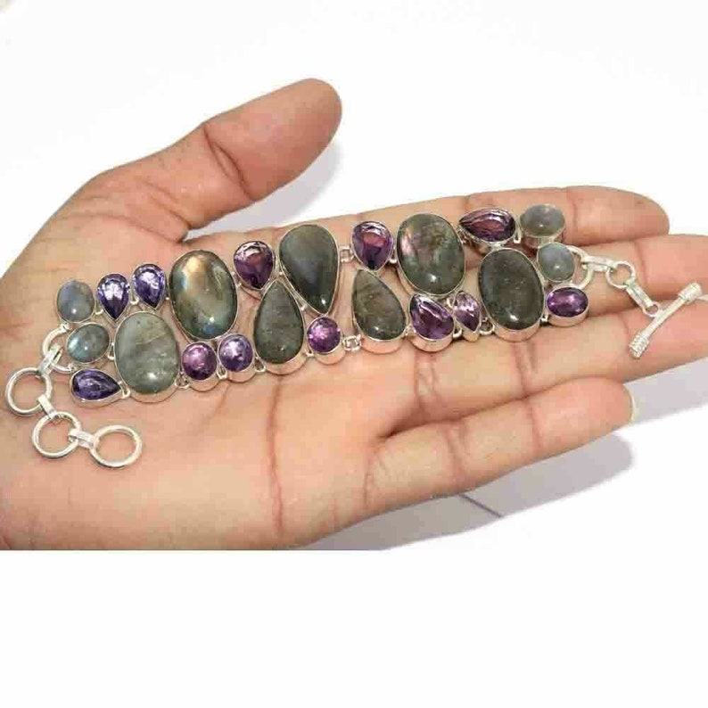 Natural Fiery Labradorite Amethyst handmade 925 Silver plated gemstone Cluster bracelet Y0126