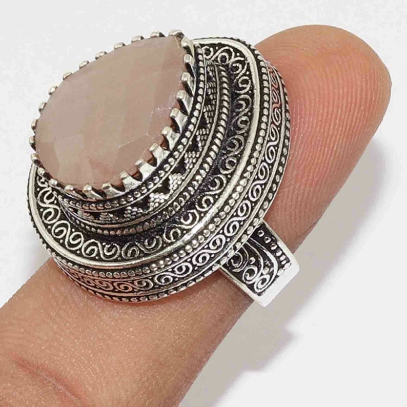 Natural Vintage Style Chalcedony faceted Setting Handmade 925 silver Plated Ring Jewelry Y1657