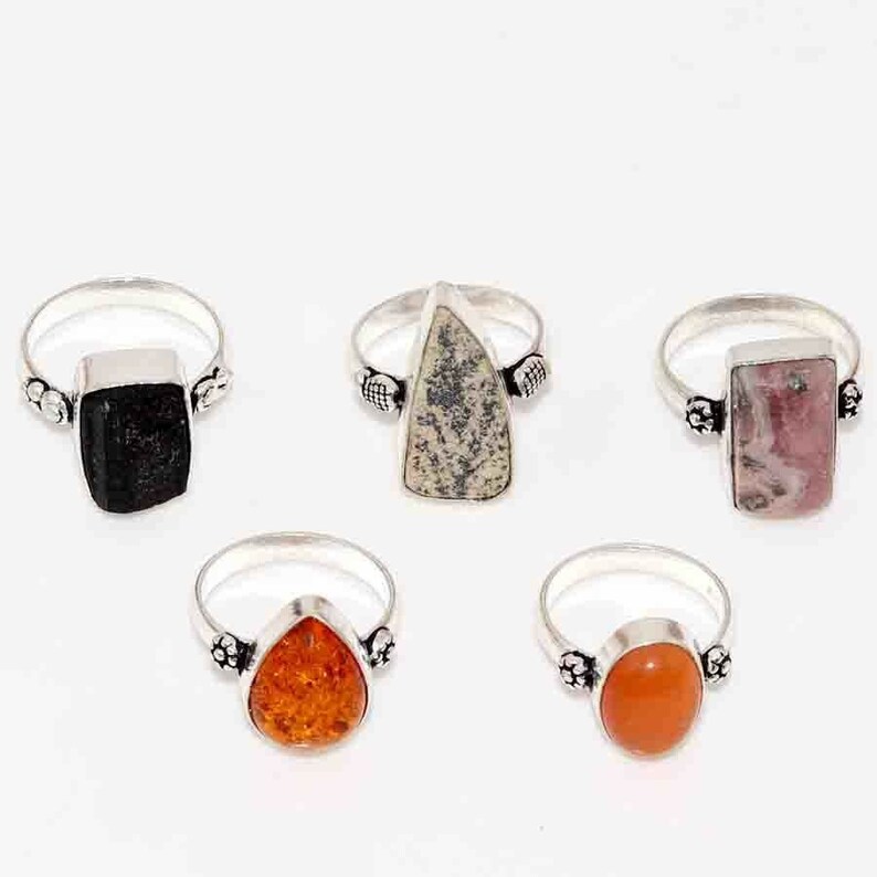 Natural Tourmaline Rhodochrosite amber germany dendritic opal Handmade 925 Silver Plated Ring Lot X5039