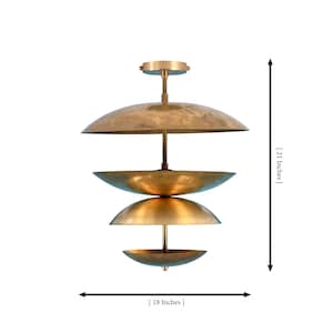 Handmade brass disc flush mount ceiling light with layered shades and aged verdigris patina, mid century modern lighting