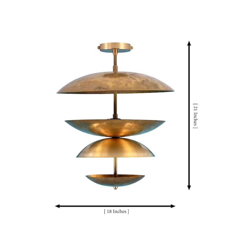 Handmade brass disc flush mount ceiling light with layered shades and aged verdigris patina, mid century modern lighting