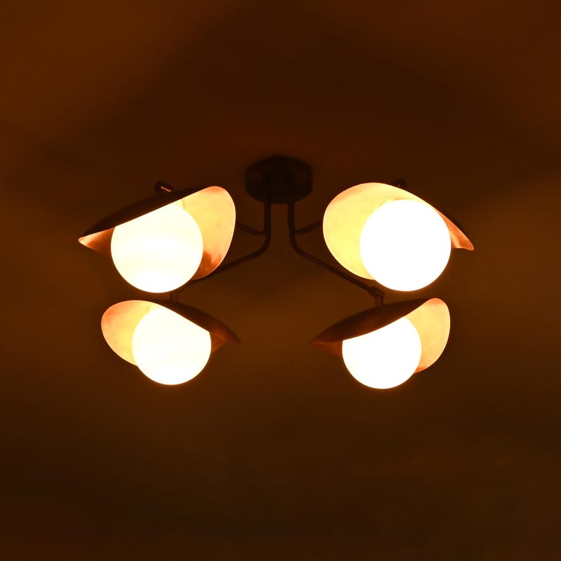 Modern Brass Semi Flush Chandelier With Four Globe Bulbs And Flower-Inspired Shades For Dining Room