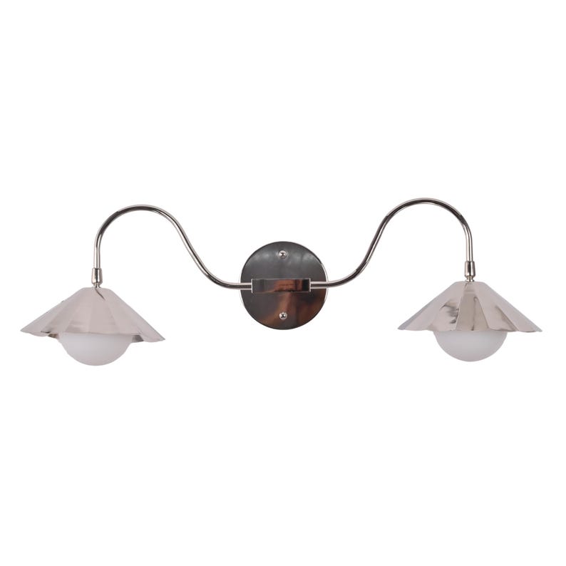 Minimalist double wall lamp with sculptural wave arms and reflective metal shades