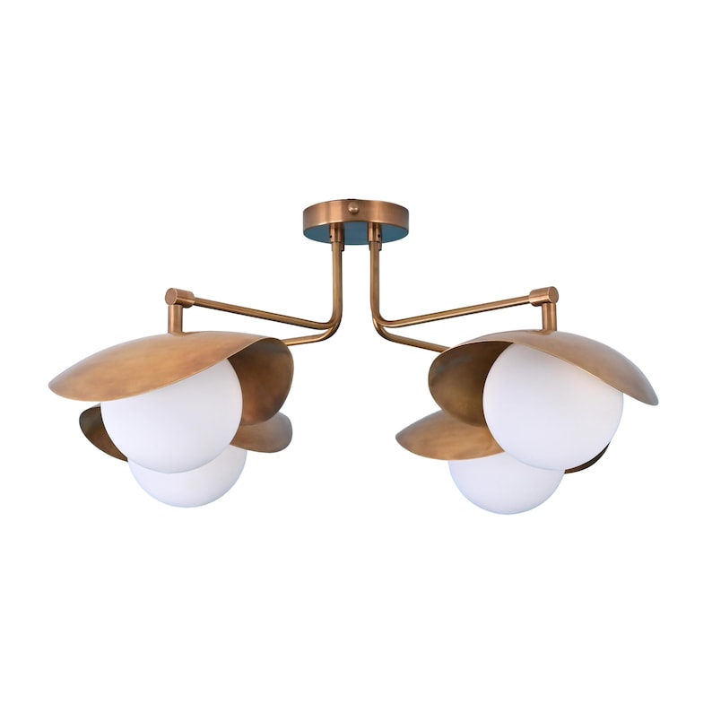 Modern 4-Light Brass Ceiling Chandelier With Opal Globe Bulbs And Curved Petal Shades, Semi Flush Mount