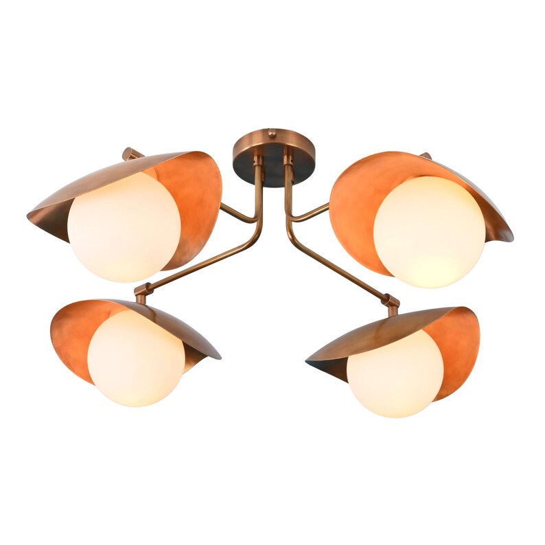 Top View Of 4-Light Brass Chandelier Showing Four Opal Globes Surrounded By Curved Metal Petal Shades
