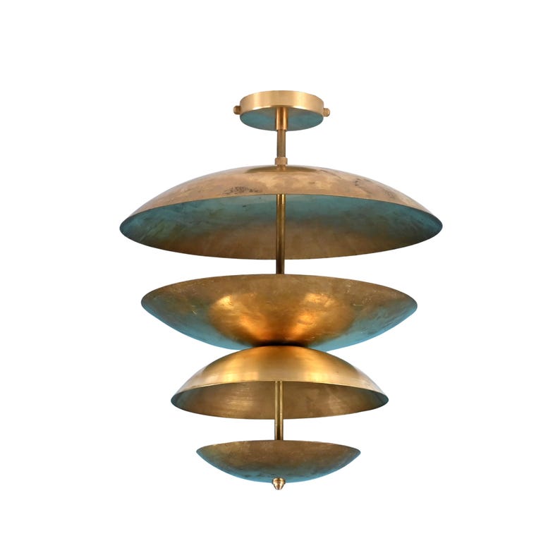 Mid century inspired brass flush mount light with layered dish design, luxury handcrafted ceiling fixture with warm glow