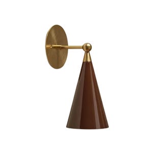 May include: A wall sconce featuring a circular brushed brass backplate, a horizontal brass arm, and a conical shade in a glossy dark brown finish. The fixture includes a spherical brass joint connecting the arm to the top of the cone.