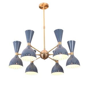 Mid Century Modern Brass Chandelier – 12-Light Diabolo Pendant with Grey Shades for Living, Dining, or Office Decor