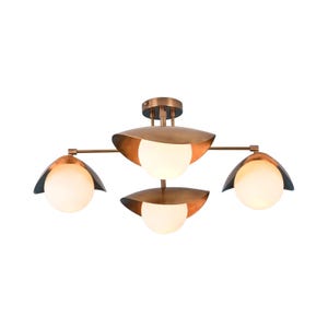 Designer 4-Light Ceiling Lamp With Brass Finish, Opal Globe Glass, And Curved Metal Shade Details