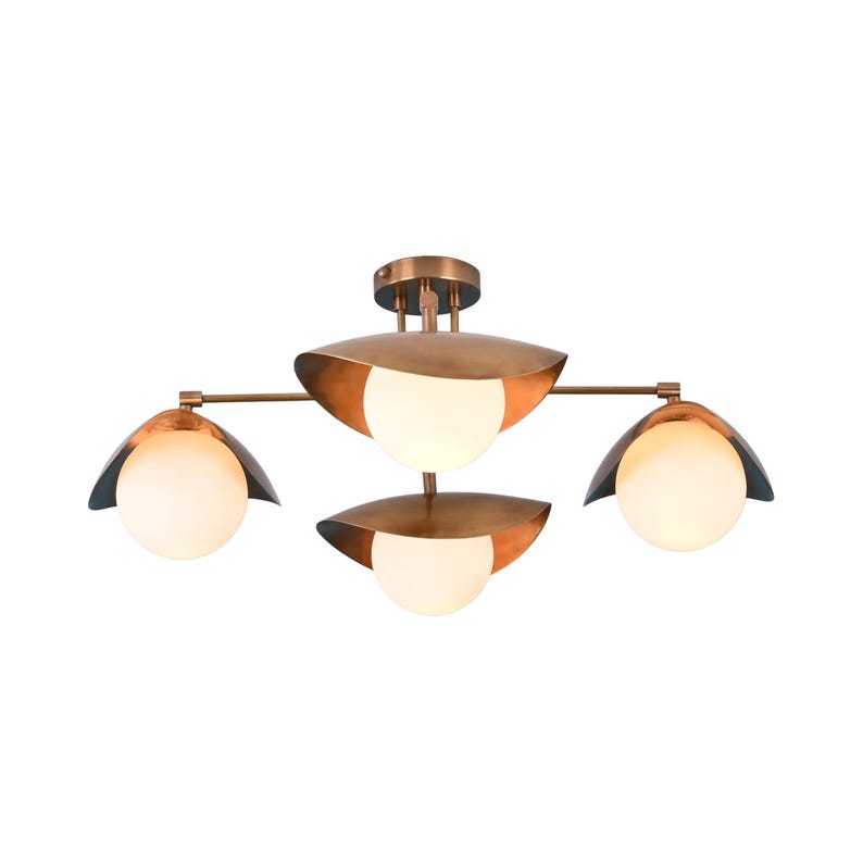 Designer 4-Light Ceiling Lamp With Brass Finish, Opal Globe Glass, And Curved Metal Shade Details