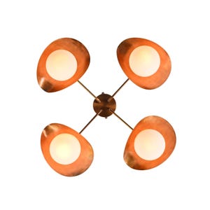 Modern 4-Light Brass Ceiling Fixture With Opal Globes And Sculptural Metal Shades For Bedroom Or Entryway