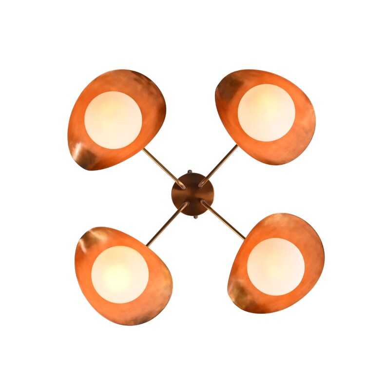 Modern 4-Light Brass Ceiling Fixture With Opal Globes And Sculptural Metal Shades For Bedroom Or Entryway