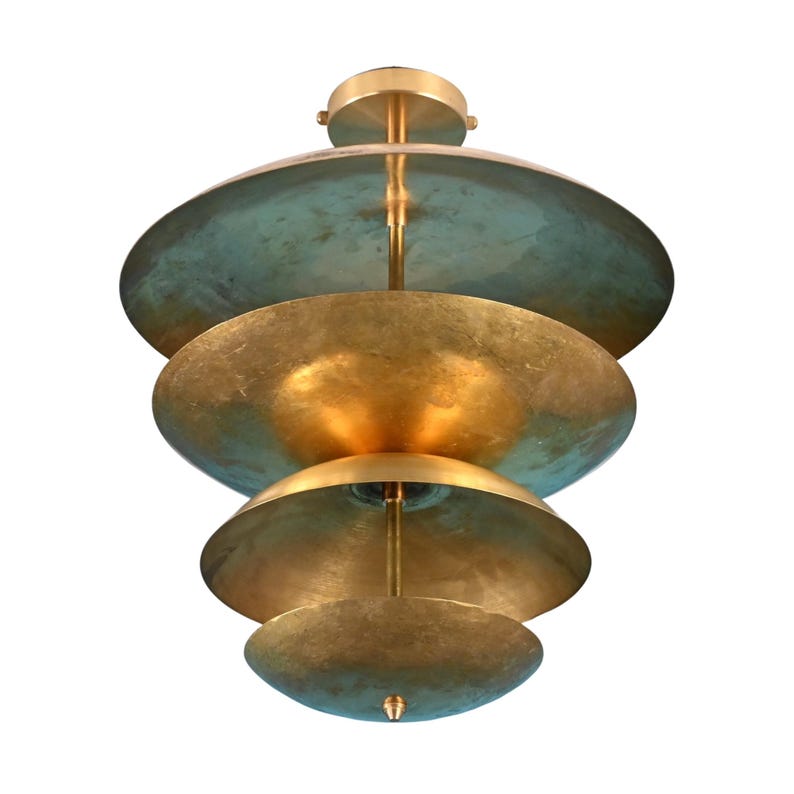 Modern brass flush mount chandelier with stacked bowl shades, sculptural ceiling lamp in antique brass and green patina