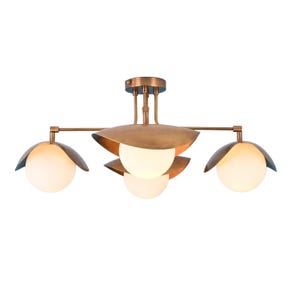 Stylish 4-Arm Brass Ceiling Light With White Globe Bulbs And Modern Petal Shades, Living Room Lighting