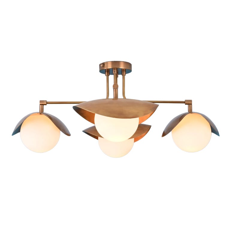 Stylish 4-Arm Brass Ceiling Light With White Globe Bulbs And Modern Petal Shades, Living Room Lighting