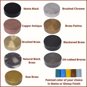 Custom Metal Finish Options For Lighting Fixtures Showing Matte Black, Brushed Chrome, Copper Antique, Brass Patina, Brushed Brass, Blackened Brass, Natural Black Brass, Oil-Rubbed Bronze, Raw Brass, And Custom Painted Colors In Matte Or Glossy Finish