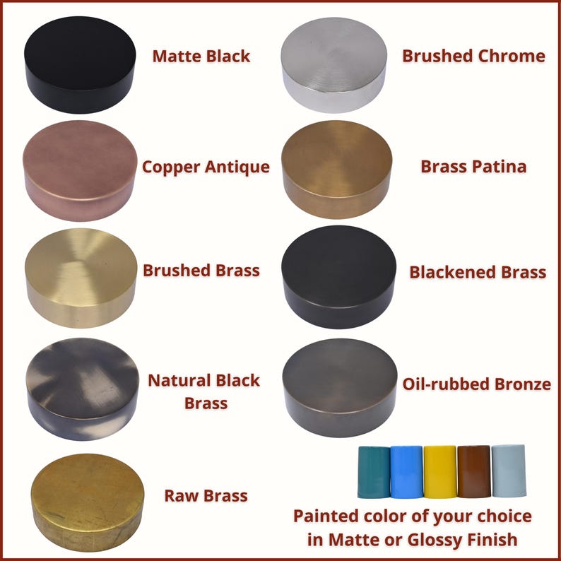 Custom Metal Finish Options For Lighting Fixtures Showing Matte Black, Brushed Chrome, Copper Antique, Brass Patina, Brushed Brass, Blackened Brass, Natural Black Brass, Oil-Rubbed Bronze, Raw Brass, And Custom Painted Colors In Matte Or Glossy Finish