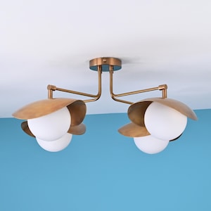Brass Curved Shades Glass Globes Flush Mount Light | Mid-Century Modern Aesthetic | Brass Flush Mount Ceiling Light | Customizable Lighting