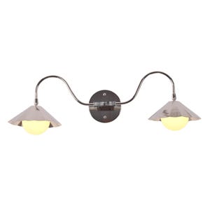 Contemporary chrome vanity light with curved silhouette and two glowing globe bulbs