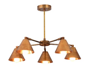 Adjustable Brass Cone Shade Chandelier | Modern 5-Light Pendant