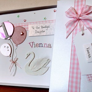 Boxed Personalised 1st Birthday, Card, First, Age 1, 2, 3, Girl, Luxury, Handmade, Baby, Granddaughter, Daughter, Special, 2nd, Swan, XL, 8"