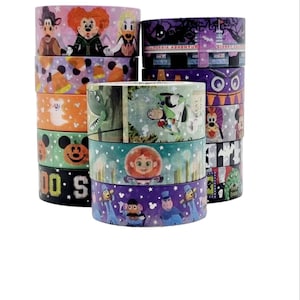 May include: A set of 12 colourful washi tapes featuring various Disney characters and designs. The tapes include Mickey Mouse, Minnie Mouse, Donald Duck, Goofy, and other popular Disney characters. The tapes are perfect for adding a touch of Disney magic to your crafts, journals, and planners.