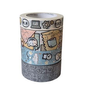 May include: A stack of decorative washi tape rolls. The top roll features a white background with cartoon icons. The second roll has a light orange background with a sleeping cartoon character. The third roll is blue with stars and clouds. The bottom roll is dark gray with text.