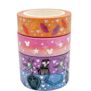 May include: Four rolls of washi tape featuring Disney characters and designs. The top roll is orange with feathers and white stars. The second roll is pink with white stars and Mickey Mouse heads. The third roll is purple with a hummingbird, a raccoon, and stars. The bottom roll is blue with a green face, a blue medal, and stars.