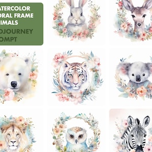 Ai Midjourney Prompt for Cute Watercolour Floral Frame Animals, Ai Generated Art, Professional Prompt
