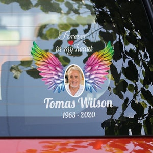 Memorial Decal, Colourful Wing Custom Photo RIP Decal, Forever in My Heart, Dad, Mum, Personalized Photo Memorial Sticker for Car, Laptop