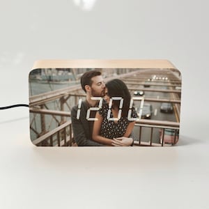 Personalised Wooden LED Digital Alarm Clock with photo / text, Gift for couple, family, housewarming, wedding, friend, celebration, events