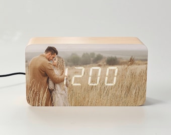 Personalised Wooden LED Digital Alarm Clock with photo / text, Gift for couple, family, housewarming, wedding, friend, celebration, events