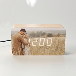 Personalised Wooden LED Digital Alarm Clock with photo / text, Gift for couple, family, housewarming, wedding, friend, celebration, events