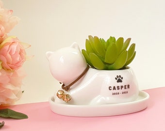 Personalised Cat Memorial Planter Pot, Ceramic Cat Shaped Succulent Pot for Loss of Cat, Cat Sympathy Keepsake Gift