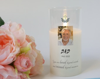 Personalised Photo Memorial Candle, RIP flameless flickering LED Glass Wax Candle, Sympathy Remembrance Condolences Gift