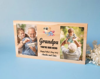 Grandpa You're Our Hero Personalised Wood Photo Block, Father's Day Photo Gift