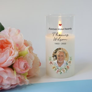 Personalised Photo Memorial Candle, RIP flameless flickering LED Glass Wax Candle, Sympathy Remembrance Condolences Gift