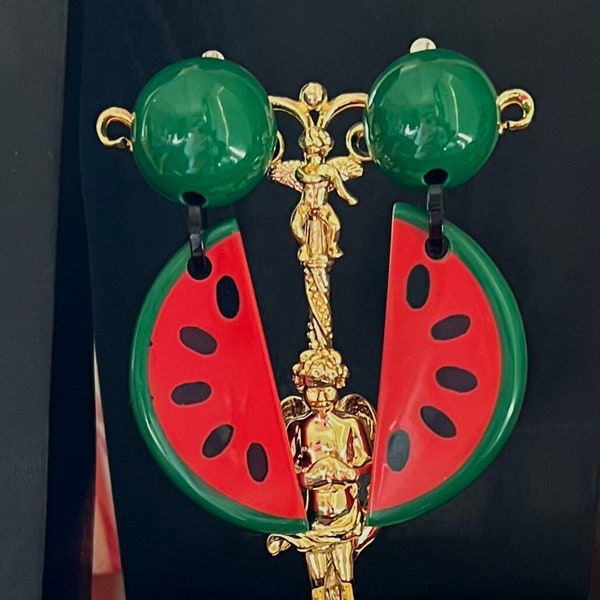 MARION GODART Paris French Chic Boucles D'Oreilles Pasteque Red & Green Resin Watermelon Large Clip-on Earrings French Designer Jewelry