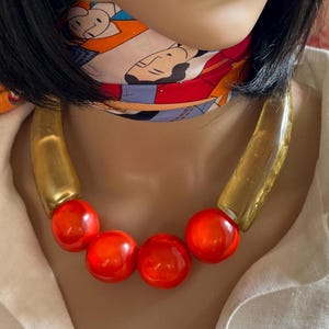 DOMINIQUE DENAIVE Paris Chic French Haute Couture Blush/Coral Red Marbles and Shiny Gold Elements Necklace French Designer Jewelry
